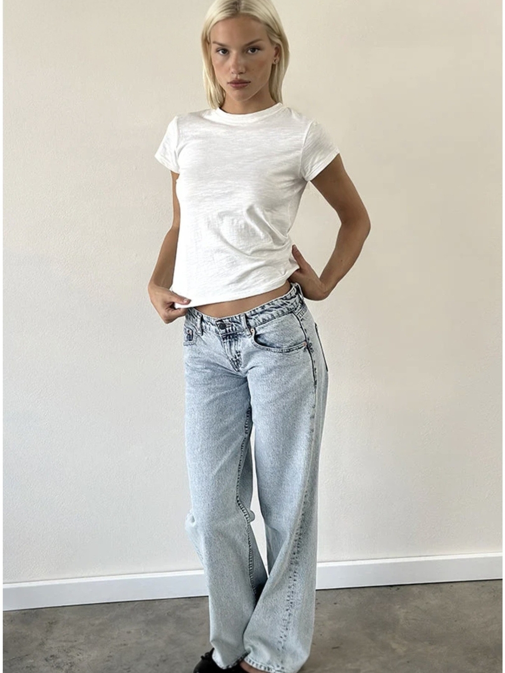 Motel Rocks Low Rise Acid Wash Wide-Leg Jeans